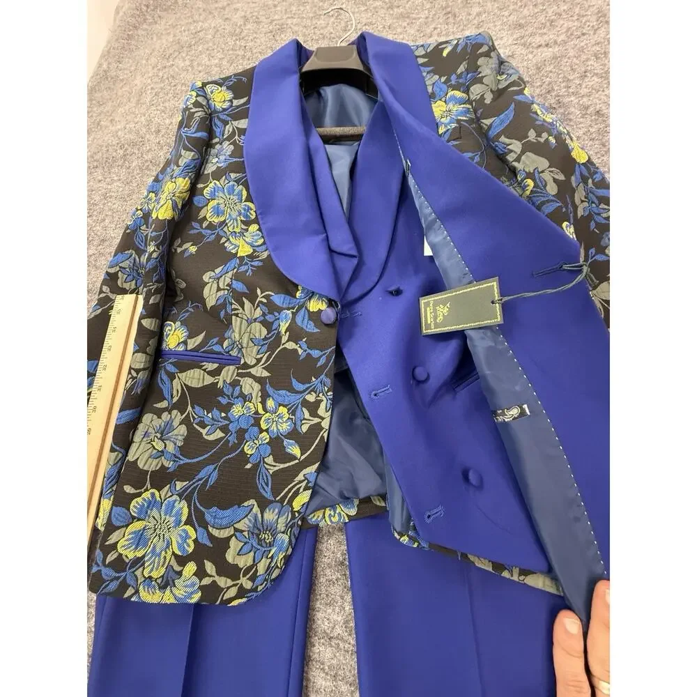 Pietro Scarlatti Mens Suit Tuxedo US 44 EU 54 Floral Blazer Vest Pants Blue T5